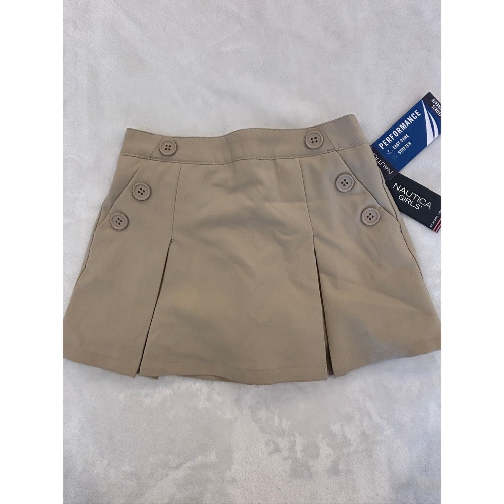 Nautica Girls School Uniform Khaki Performance Skort Size 4 Tan Pleated Button